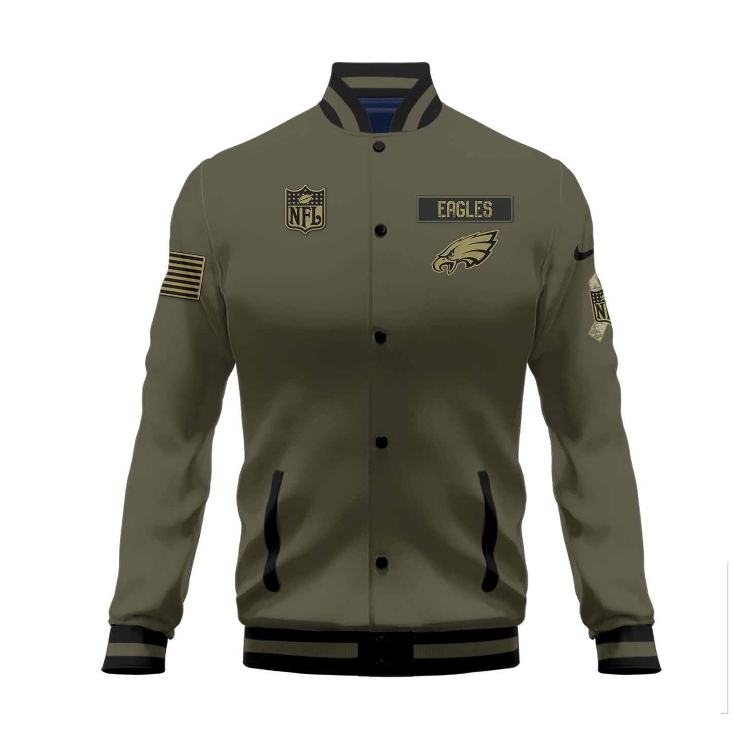 Philadelphia Eagles 2023 Salute To Service Club Baseball Jacket Varsity Jacket - Green - All-Over-Printed Jacket