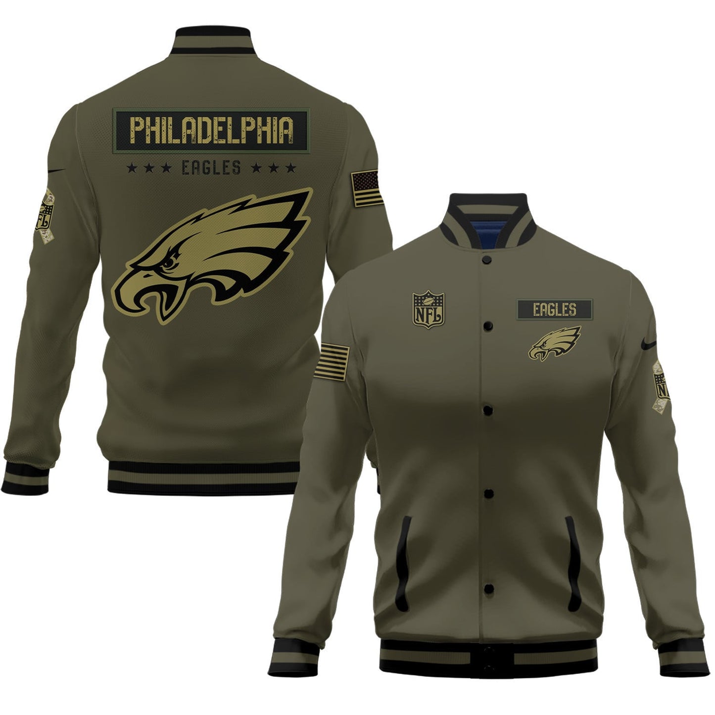 Philadelphia Eagles 2023 Salute To Service Club Baseball Jacket Varsity Jacket - Green - All-Over-Printed Jacket