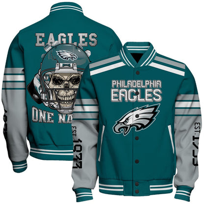 Philadelphia Eagles Skull And Gloves Pattern Varsity Jacket - All-Over-Printed Jacket