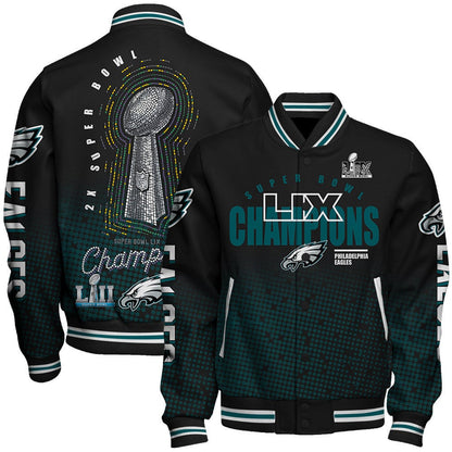 Philadelphia Eagles Super Bowl LIX Champions Symbol Of Victory Varsity Jacket - All-Over-Printed Jacket
