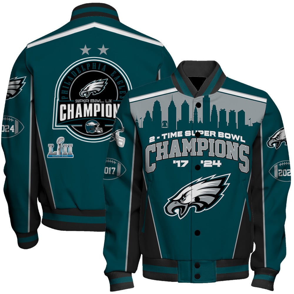 Philadelphia Eagles Super Bowl LIX Champions Crown Belongs To The Eagles Varsity Jacket - All-Over-Printed Jacket