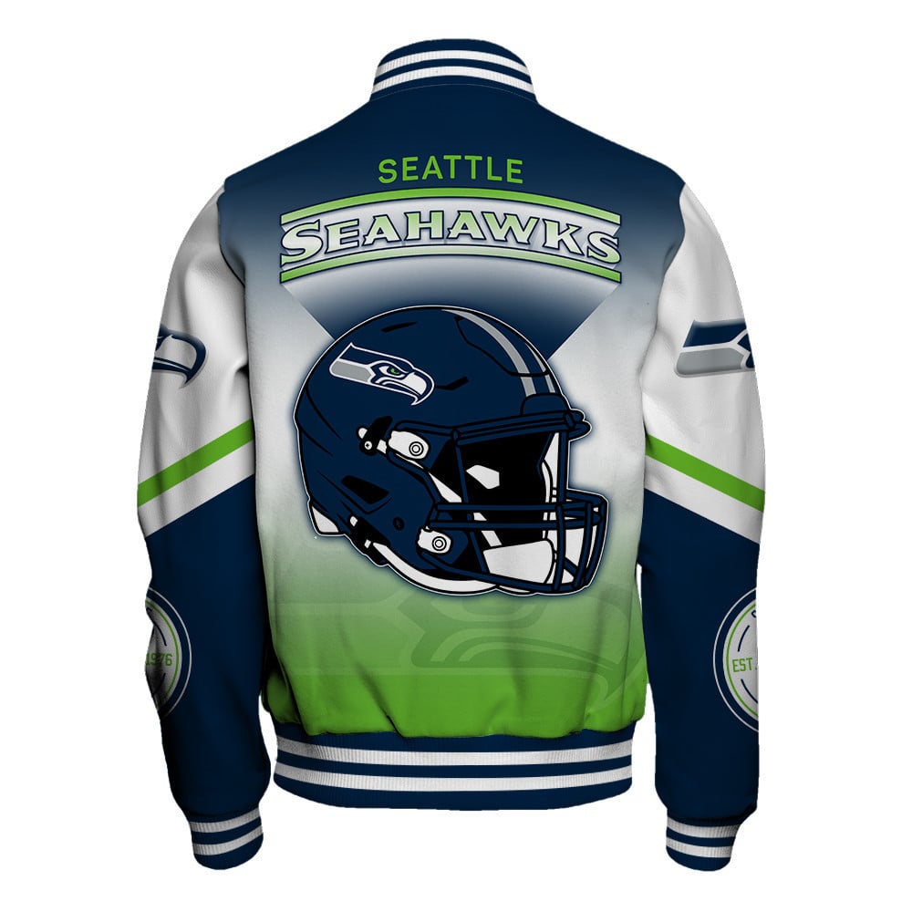Seattle Seahawks Large Helmet Graphic and Bold Classic Team Logo Design Varsity Jacket