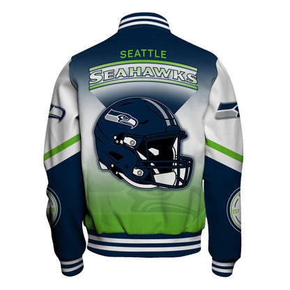 Seattle Seahawks Large Helmet Graphic and Bold Classic Team Logo Design Varsity Jacket