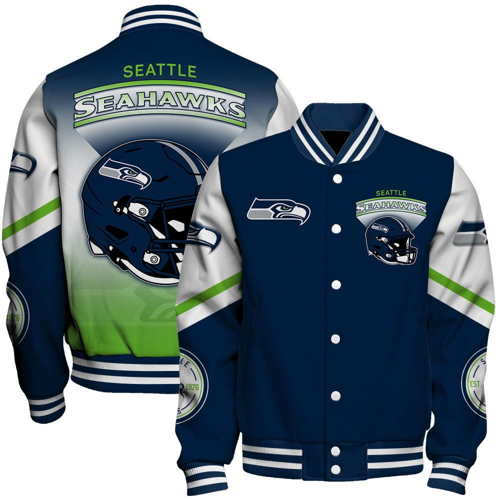 Seattle Seahawks Large Helmet Graphic and Bold Classic Team Logo Design Varsity Jacket
