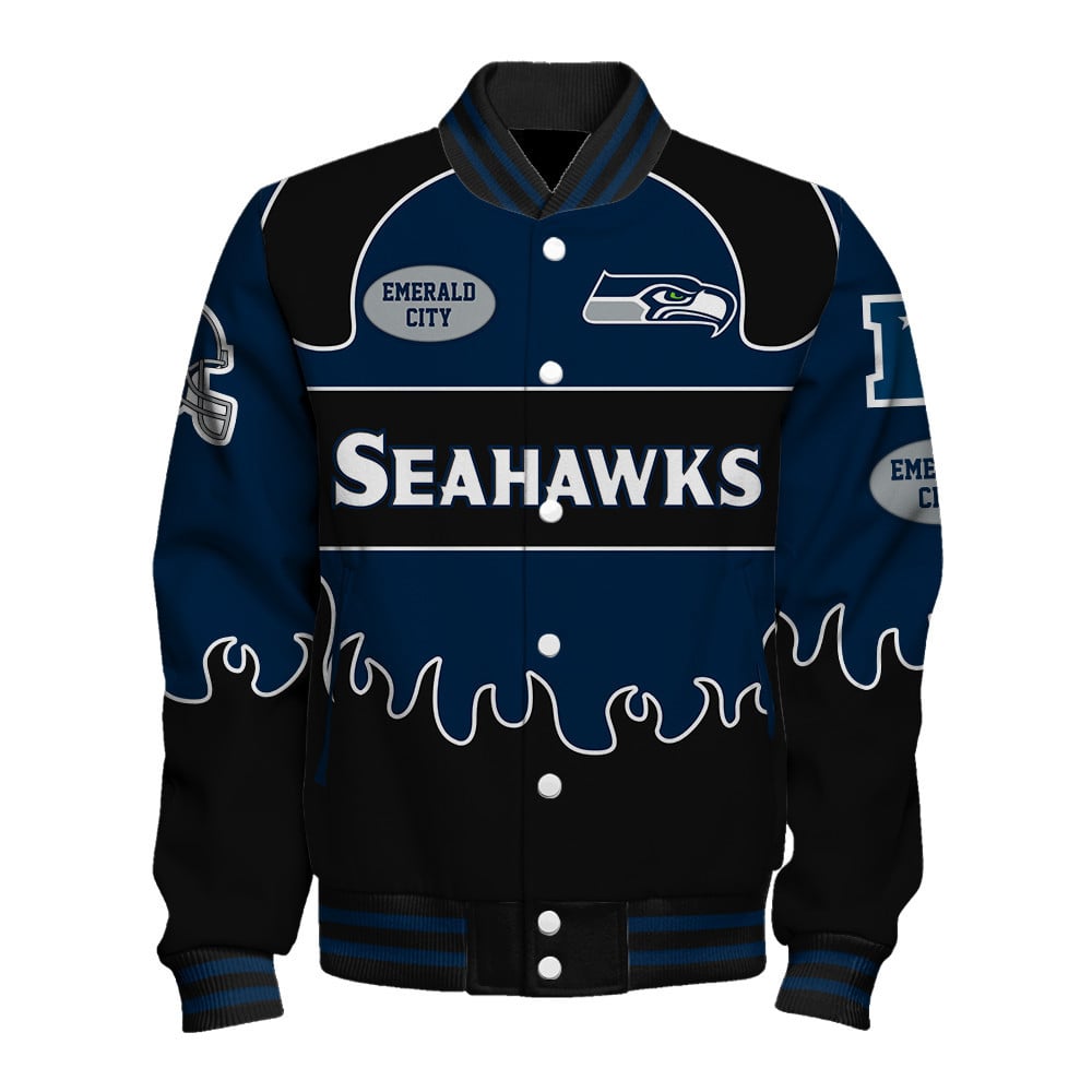 Seattle Seahawks Striking Flame Pattern and Large Prominent Logo Varsity Jacket