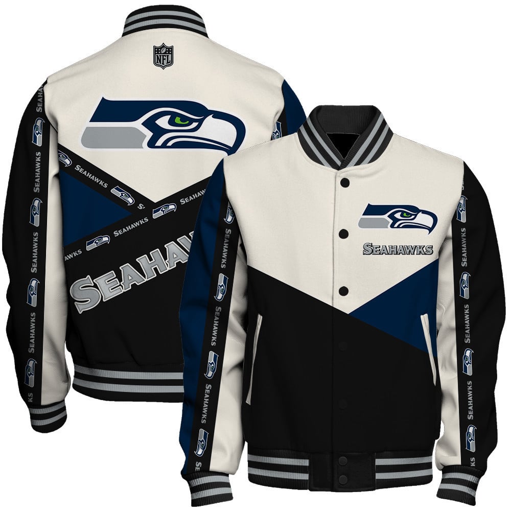 Seattle Seahawks Striped Cuffs & Logo Details Down the Sleeves Varsity Jacket