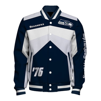 Seattle Seahawks Striped Collar & Highly Unique Vertical Lettering on Sleeves Varsity Jacket