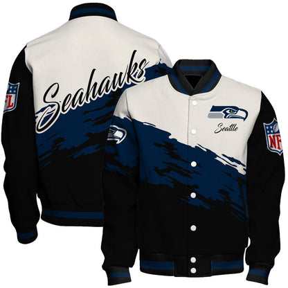 Seattle Seahawks Dynamic Color-Blocking Design and Signature Lettering Varsity Jacket