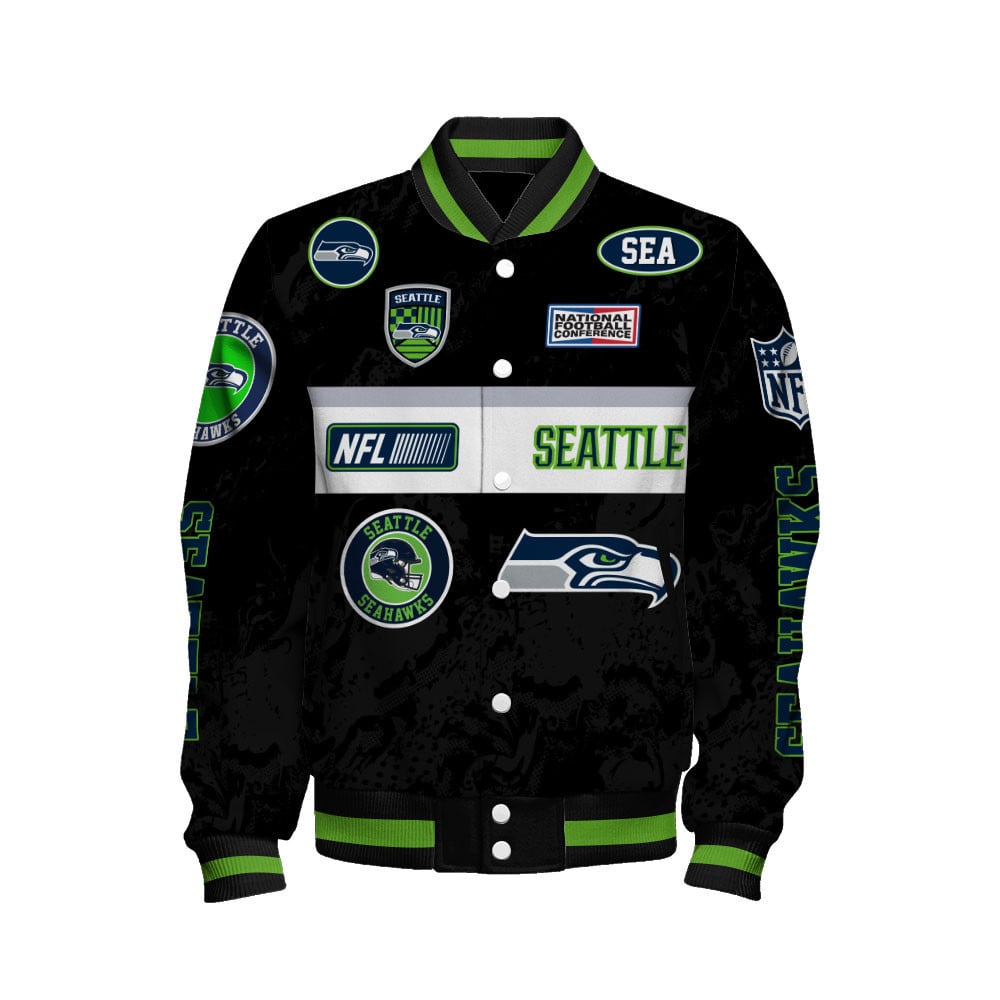 Seattle Seahawks Unique Badge/Patchwork and Horizontal Stripe Detailing Varsity Jacket