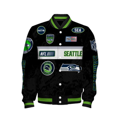 Seattle Seahawks Unique Badge/Patchwork and Horizontal Stripe Detailing Varsity Jacket