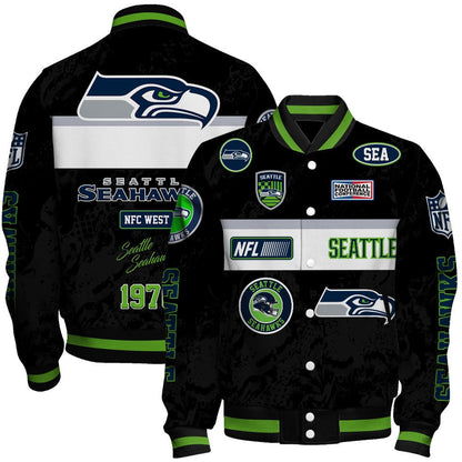 Seattle Seahawks Unique Badge/Patchwork and Horizontal Stripe Detailing Varsity Jacket