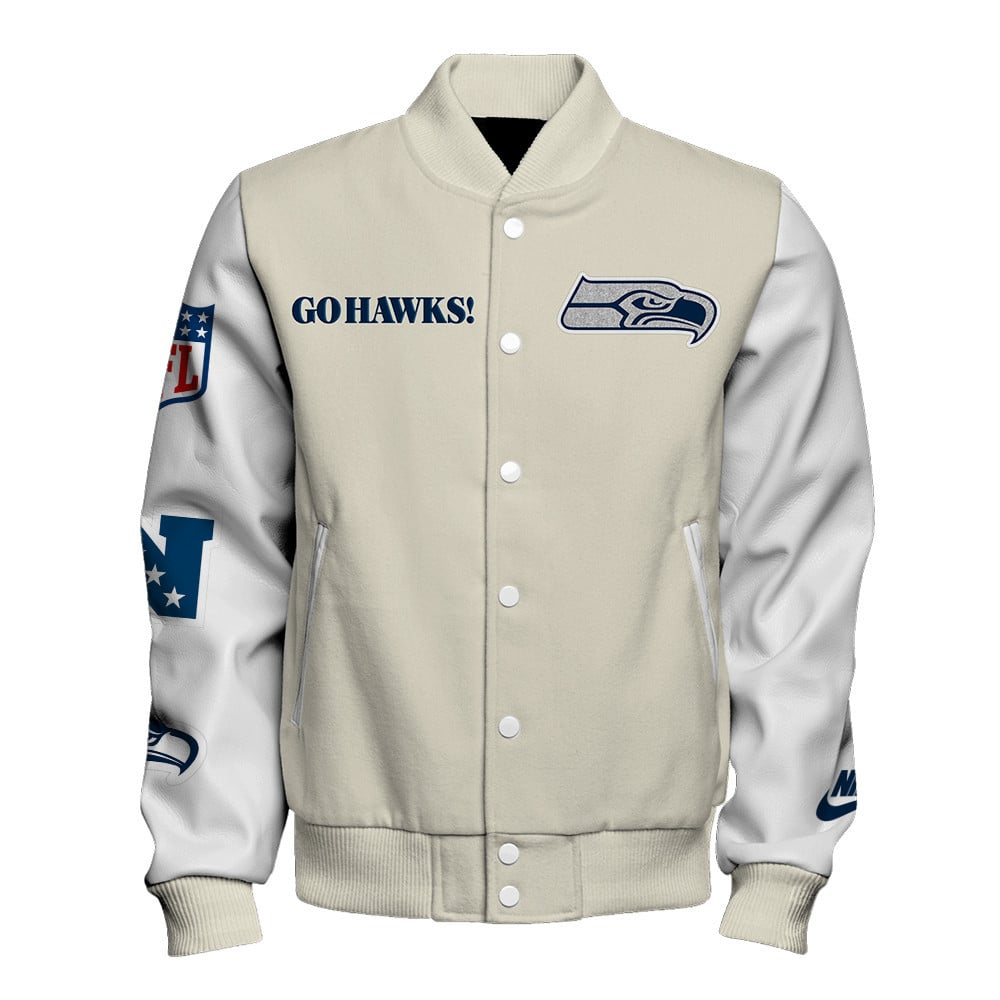Seattle Seahawks Cream Color Block & Contrasting White Sleeves Varsity Jacket