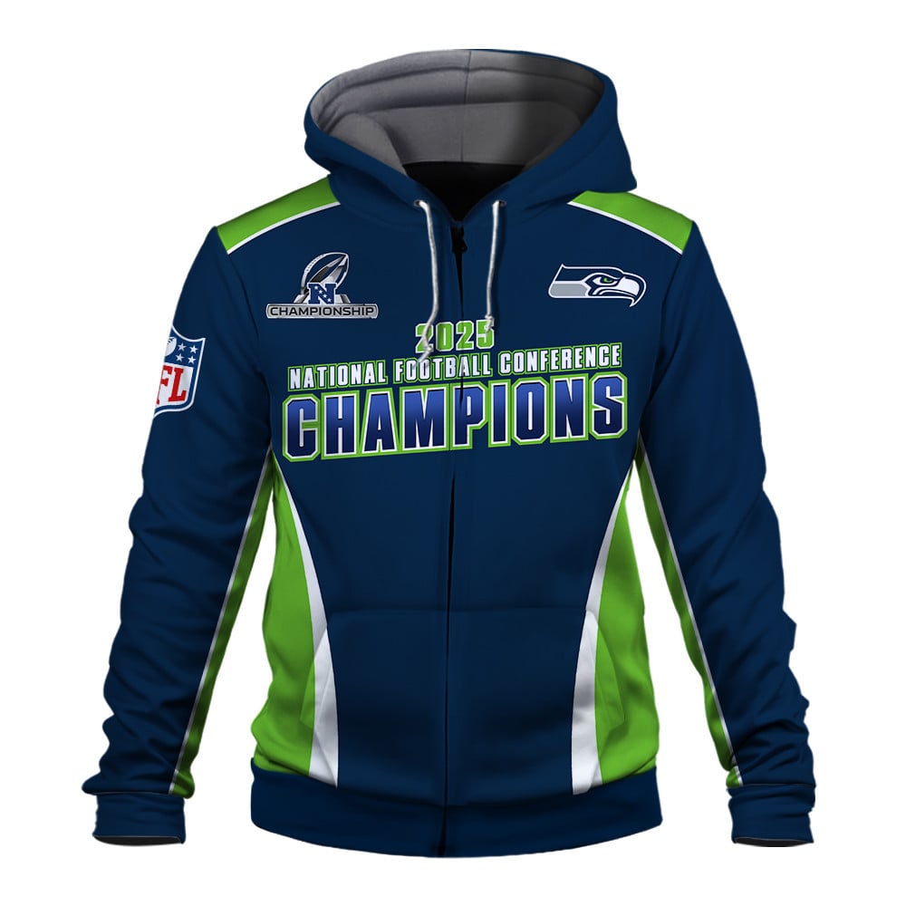 Seattle Seahawks 2025 NFC Champions – The Peak of Glory Is Back 3D Zip Hoodie