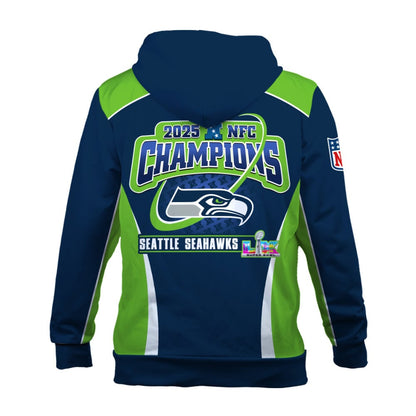 Seattle Seahawks 2025 NFC Champions – The Peak of Glory Is Back 3D Zip Hoodie