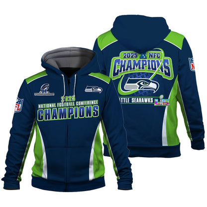 Seattle Seahawks 2025 NFC Champions – The Peak of Glory Is Back 3D Zip Hoodie