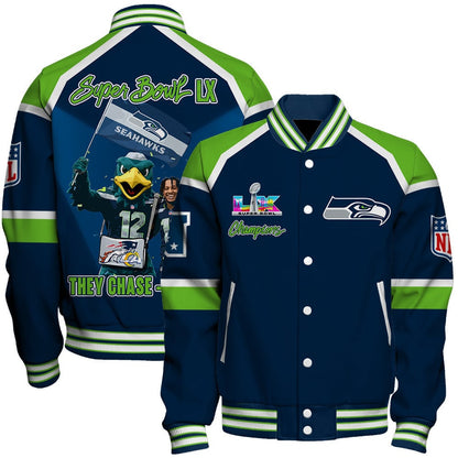 Seattle Seahawks Super Bowl LX Champions They Chase - We Lead Varsity Jacket