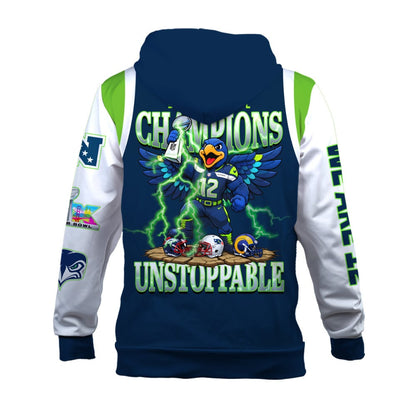 Seattle Seahawks 2025 Super Bowl Champions Unstoppable 3D Hoodie