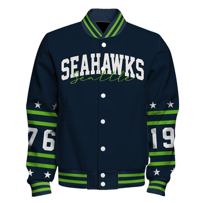 Seattle Seahawks Striped Rib-Knit Design & Foundation Anniversary Graphics Varsity Jacket