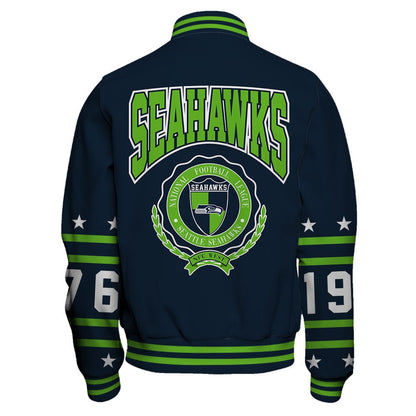 Seattle Seahawks Striped Rib-Knit Design & Foundation Anniversary Graphics Varsity Jacket