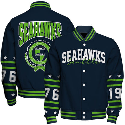 Seattle Seahawks Striped Rib-Knit Design & Foundation Anniversary Graphics Varsity Jacket