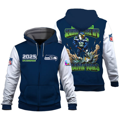 Seattle Seahawks 2025 NFC Champions: The "Seahawks Take NFC" Masterpiece 3D Zip Hoodie