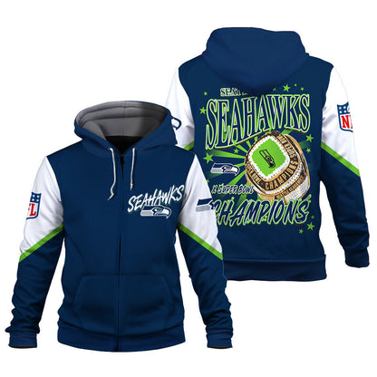 NFL Seattle Seahawks X Super Bowl Champions Gold Ring 3D Zip Hoodie