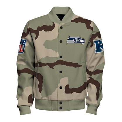 Seattle Seahawks Unique Military Green Design, Large Logo On The Back Varsity Jacket