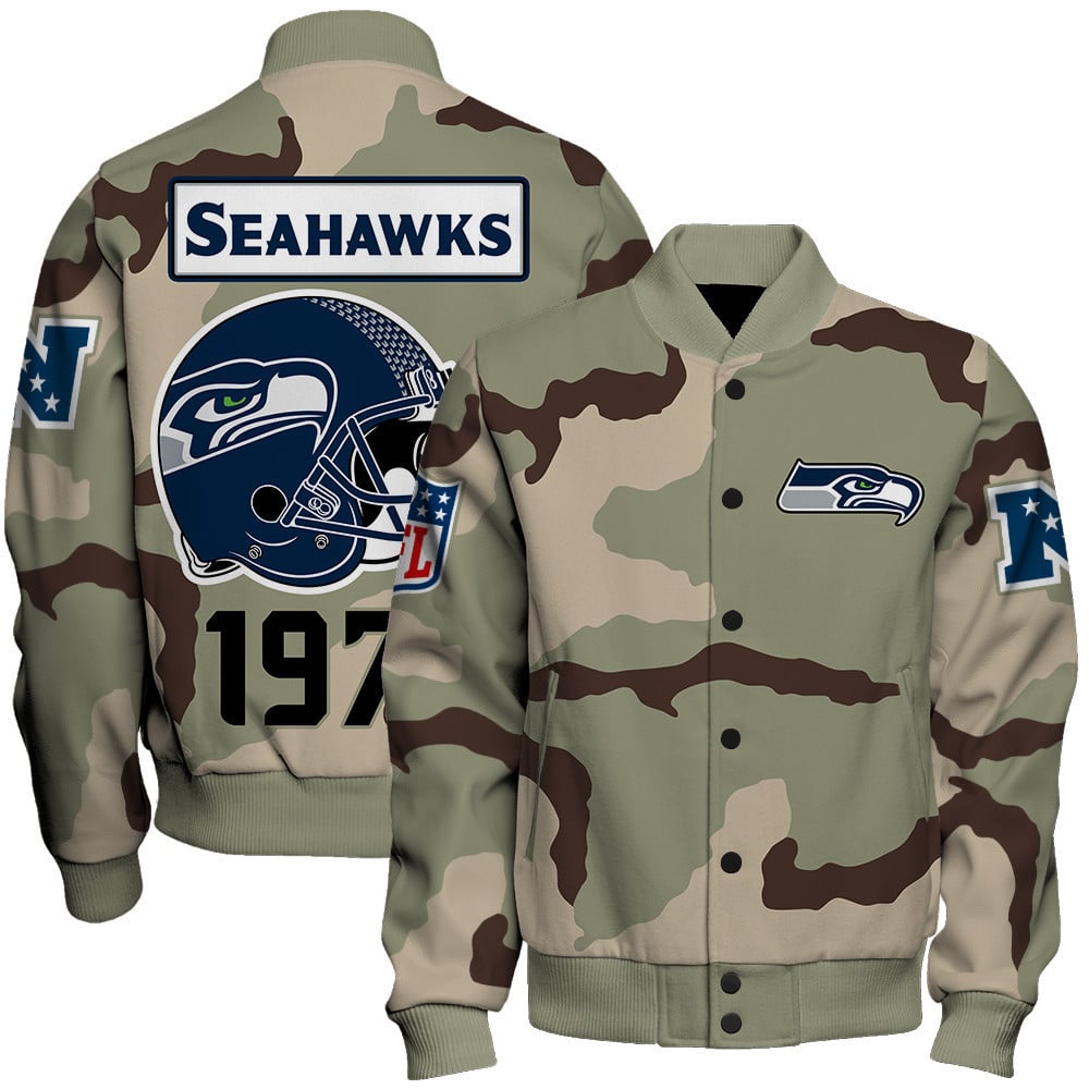 Seattle Seahawks Unique Military Green Design, Large Logo On The Back Varsity Jacket