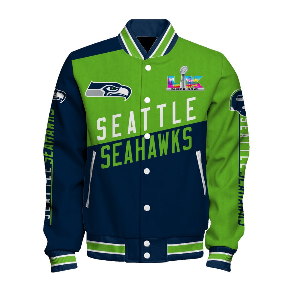 Seattle Seahawks Angular Cut Design and Super Bowl Logo LX Varsity Jacket