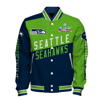 Seattle Seahawks Angular Cut Design and Super Bowl Logo LX Varsity Jacket