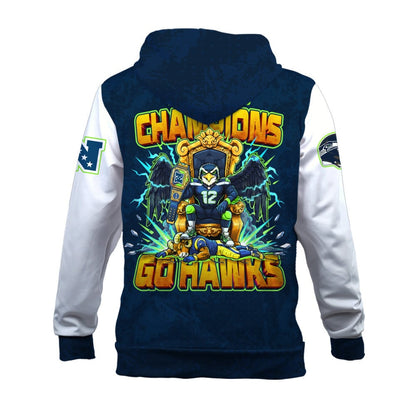 Seattle Seahawks 2025 NFC Champions Mascot Style 3D Hoodie