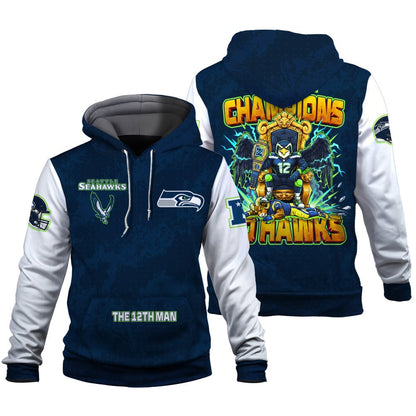 Seattle Seahawks 2025 NFC Champions Mascot Style 3D Hoodie