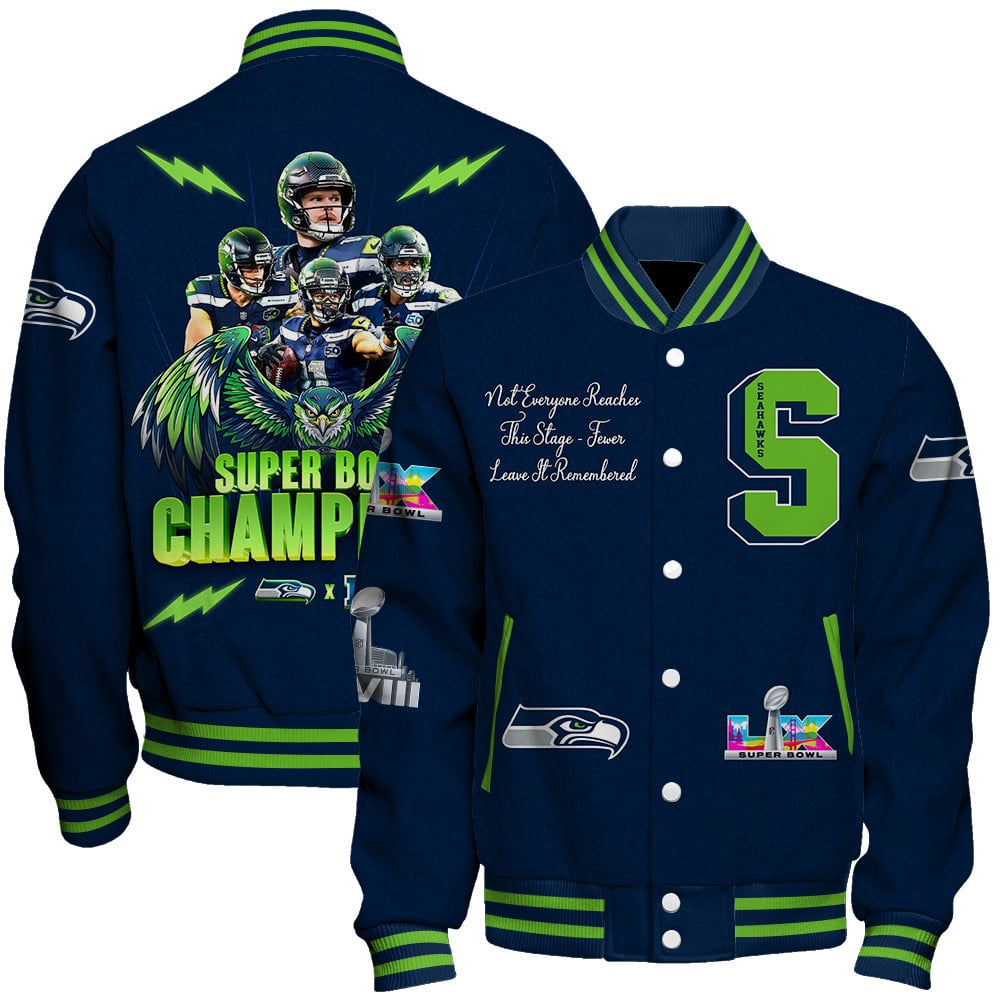 Seattle Seahawks Super Bowl LX Champions Graphic Design Varsity Jacket
