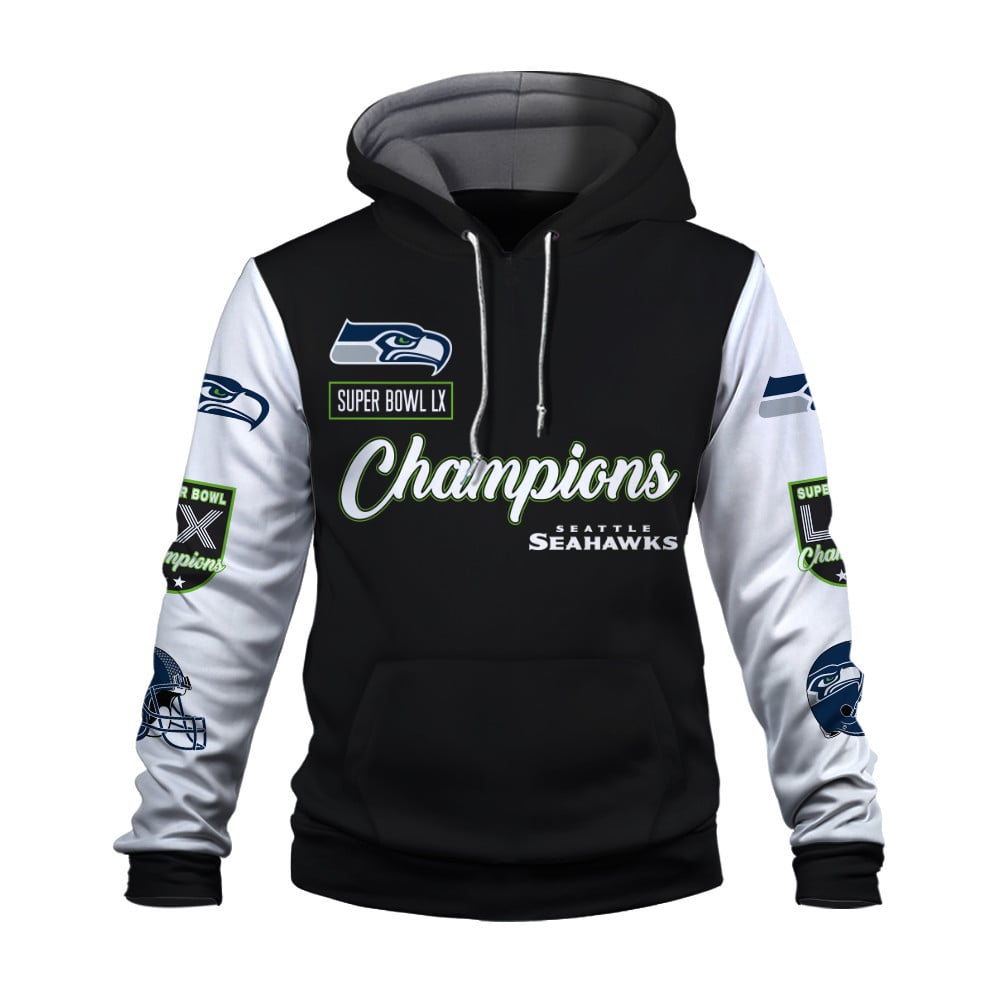Seattle Seahawks Super Bowl LX Champions Wordmark 3D Hoodie