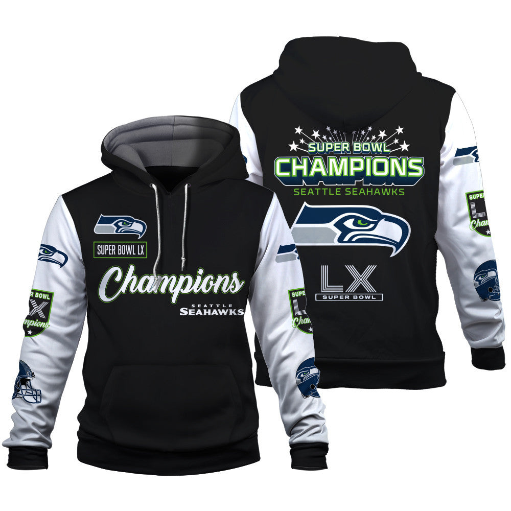 Seattle Seahawks Super Bowl LX Champions Wordmark 3D Hoodie
