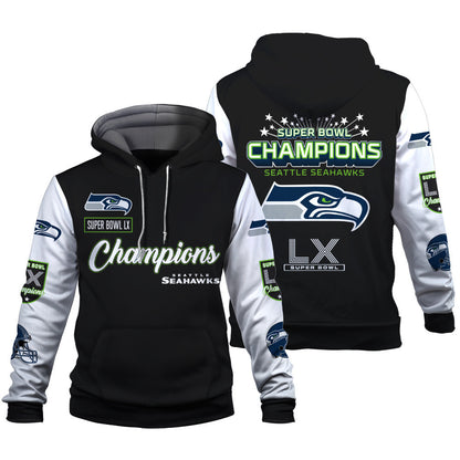 Seattle Seahawks Super Bowl LX Champions Wordmark 3D Hoodie