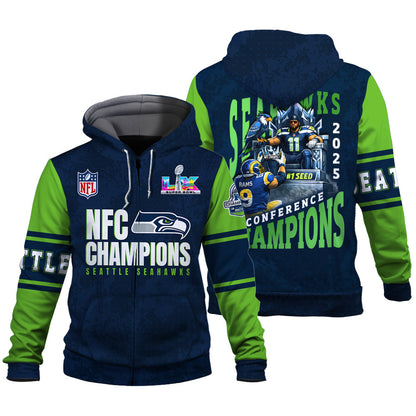 Seattle Seahawks NFC Conference Champions 3D Zip Hoodie