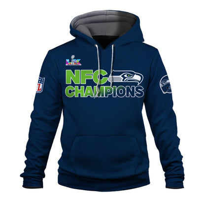 Seattle Seahawks NFC Champions 2025 – Fiery Lightning Hoodie