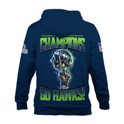 Seattle Seahawks NFC Champions 2025 – Fiery Lightning Hoodie