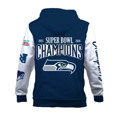 Seattle Seahawks 2025-26 Super Bowl LX Champions 3D Zip Hoodie