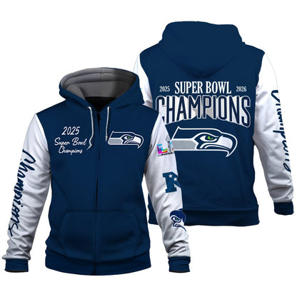 Seattle Seahawks 2025-26 Super Bowl LX Champions 3D Zip Hoodie