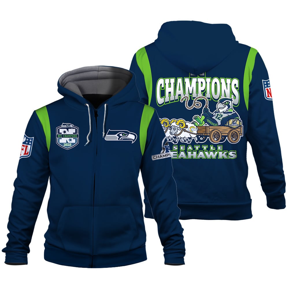 Seattle Seahawks 2025 AFC Champions Built Different 3D Zip Hoodie