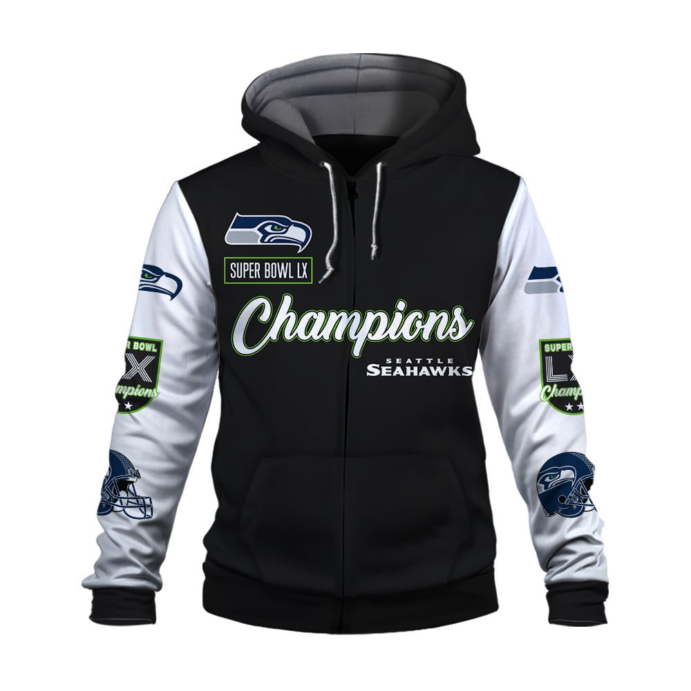 Seattle Seahawks Super Bowl LX Champions Wordmark 3D Zip Hoodie