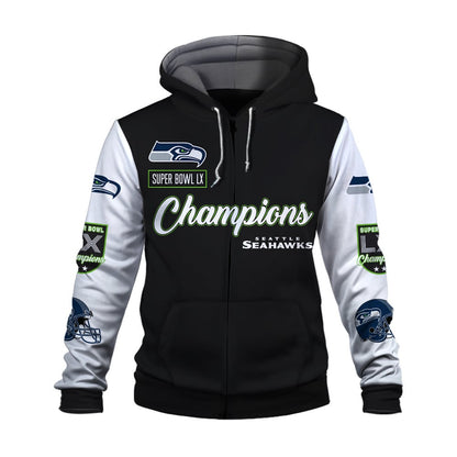 Seattle Seahawks Super Bowl LX Champions Wordmark 3D Zip Hoodie