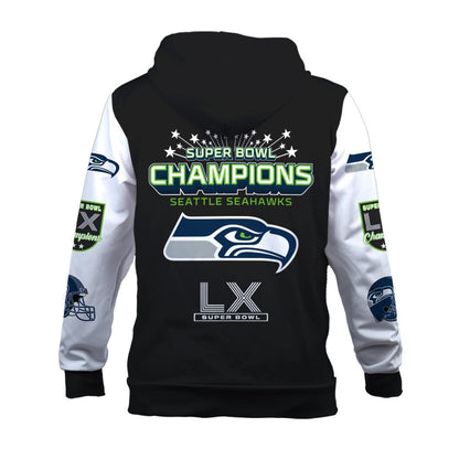 Seattle Seahawks Super Bowl LX Champions Wordmark 3D Zip Hoodie