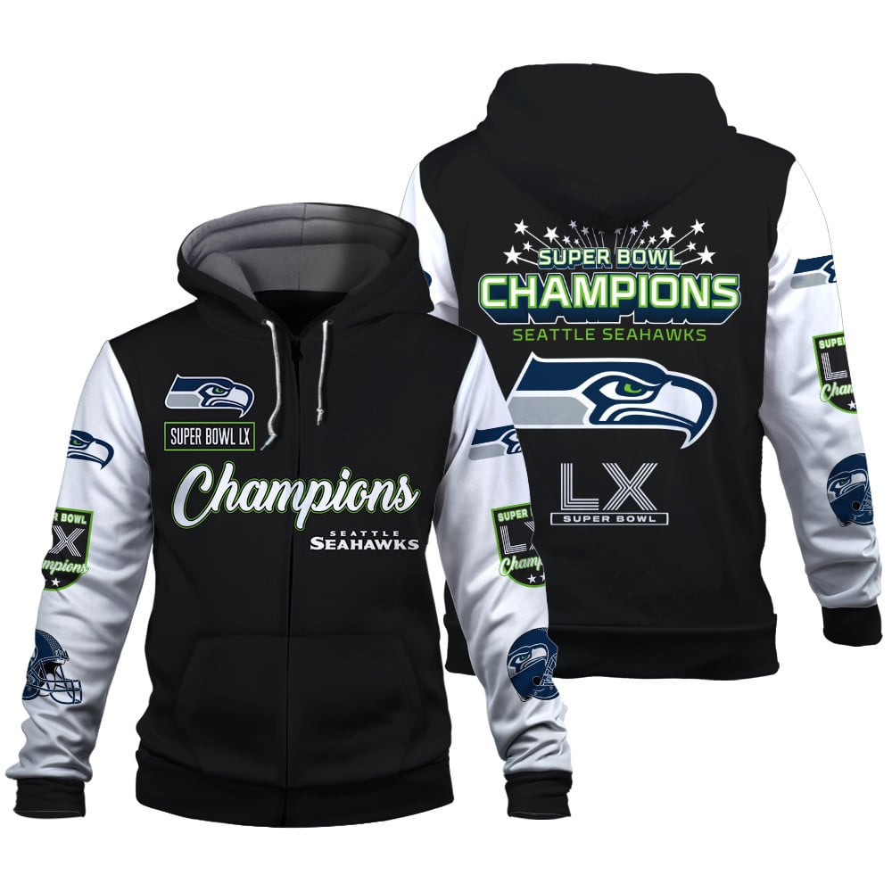 Seattle Seahawks Super Bowl LX Champions Wordmark 3D Zip Hoodie