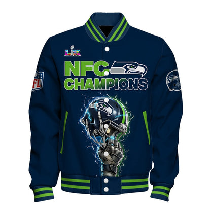 Seattle Seahawks NFC Champions 2025 – Fiery Lightning Varsity Jacket