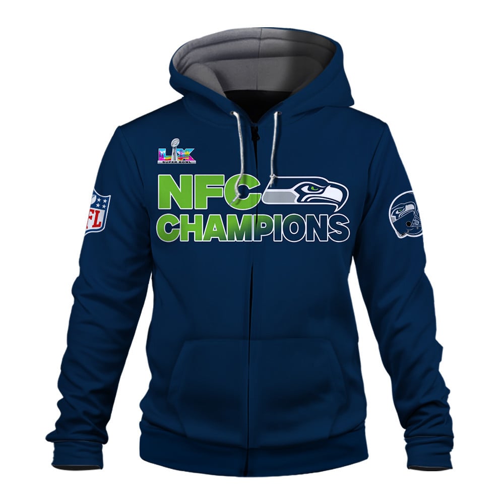 Seattle Seahawks NFC Champions 2025 – Fiery Lightning Zip Hoodie