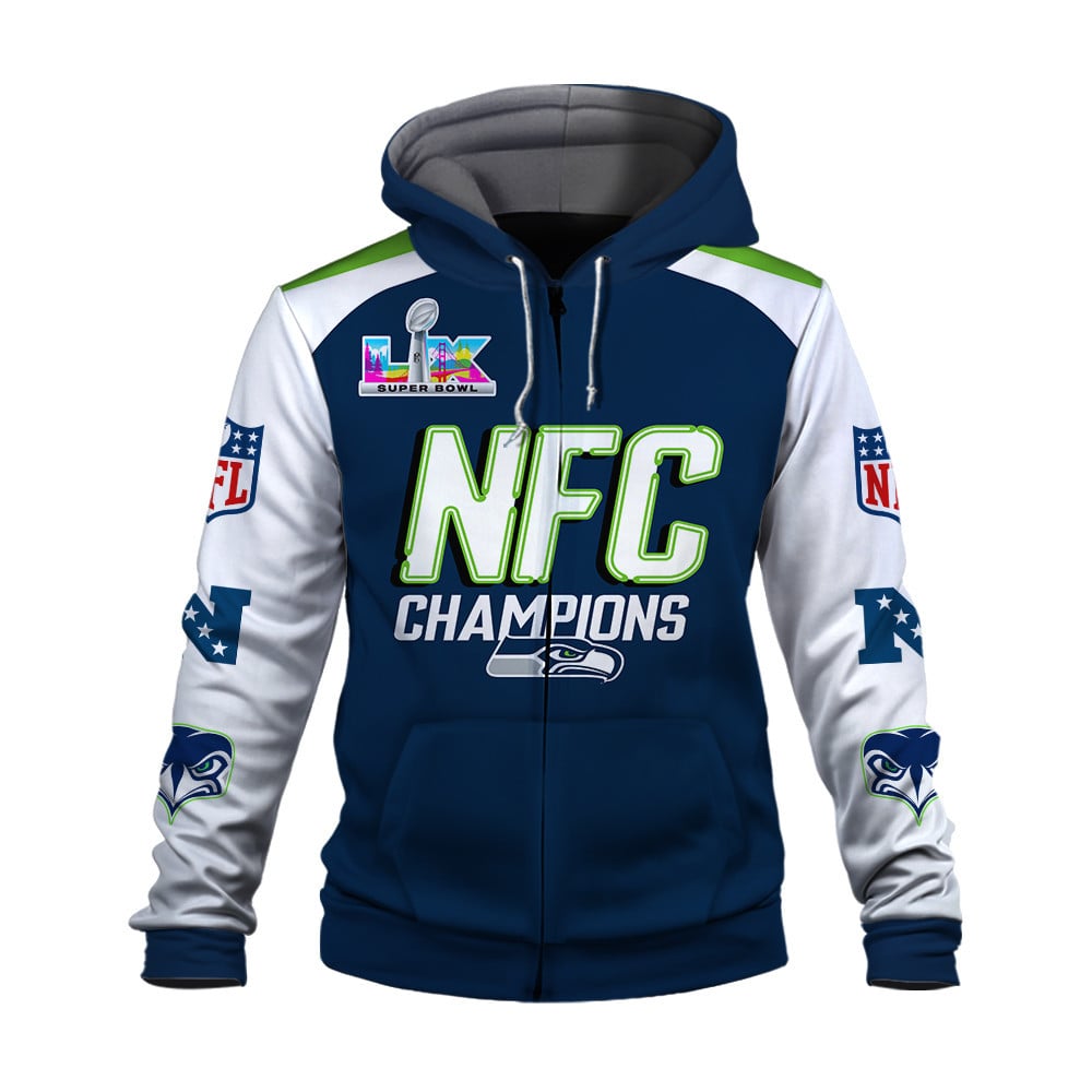Seattle Seahawks King of The NFC 2025-26 Champions 3D Zip Hoodie