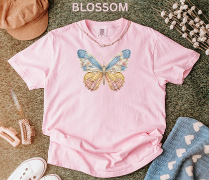 Comfort Colors Faux Patchwork Butterfly Shirt Spring Wildflower Aesthetic Graphic Tee Adult And Youth Matching Boho Vintage Shirts for Women